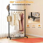 Carbon Steel Rolling Clothing Rack with Wheels, Wide Freestanding Wardrobe for Bedroom, Black or White Finish