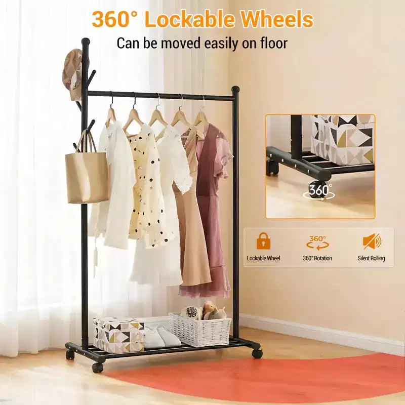 Carbon Steel Rolling Clothing Rack with Wheels, Wide Freestanding Wardrobe for Bedroom, Black or White Finish