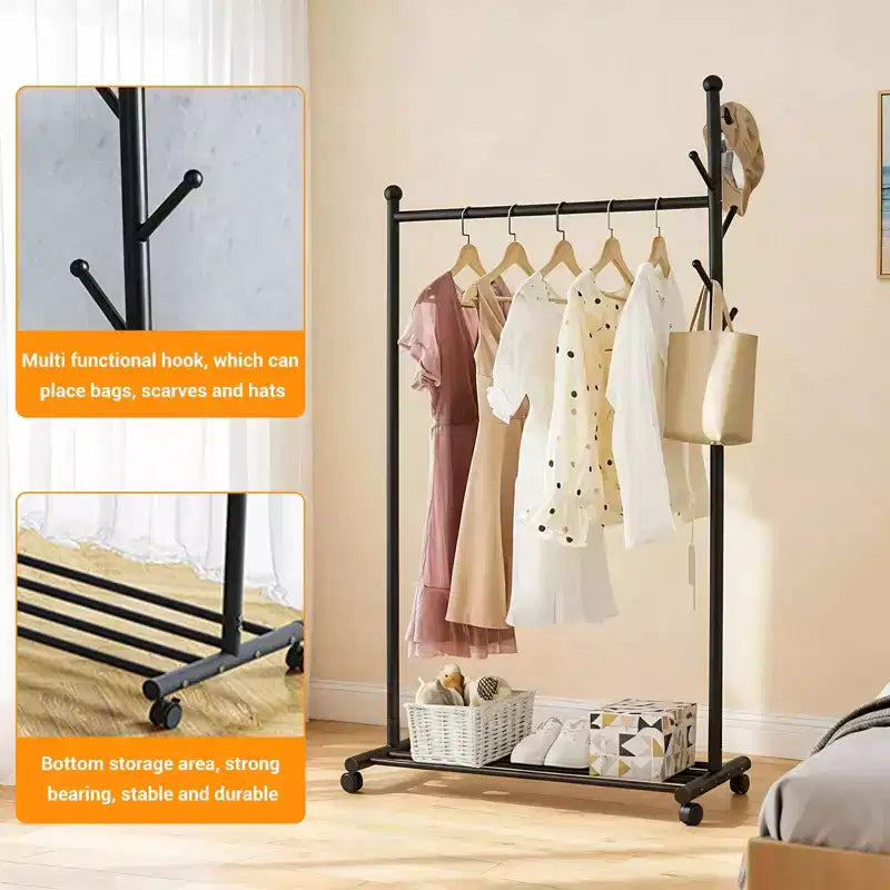 Carbon Steel Rolling Clothing Rack with Wheels, Wide Freestanding Wardrobe for Bedroom, Black or White Finish
