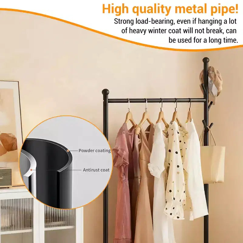 Carbon Steel Rolling Clothing Rack with Wheels, Wide Freestanding Wardrobe for Bedroom, Black or White Finish