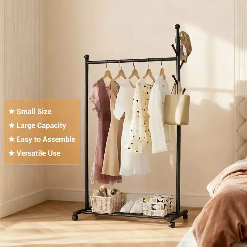 Carbon Steel Rolling Clothing Rack with Wheels, Wide Freestanding Wardrobe for Bedroom, Black or White Finish