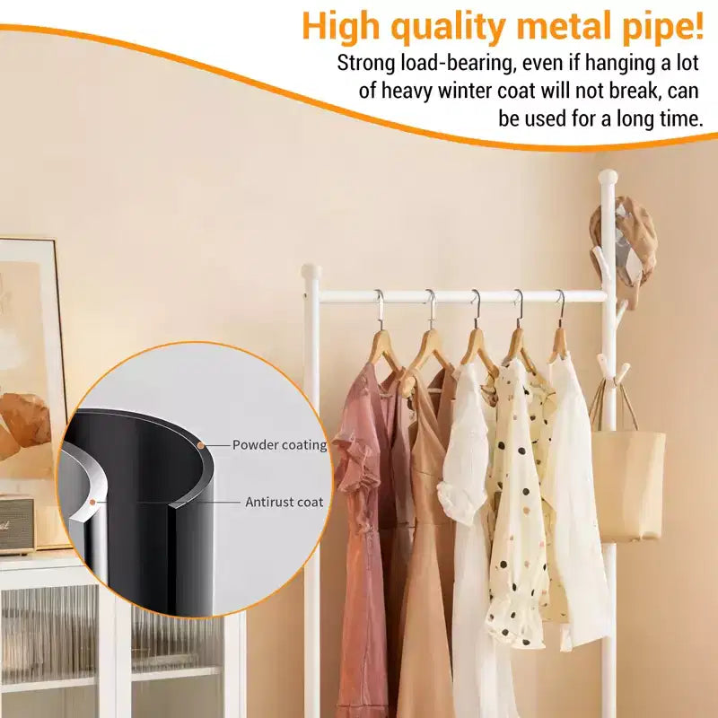 Carbon Steel Rolling Clothing Rack with Wheels, Wide Freestanding Wardrobe for Bedroom, Black or White Finish