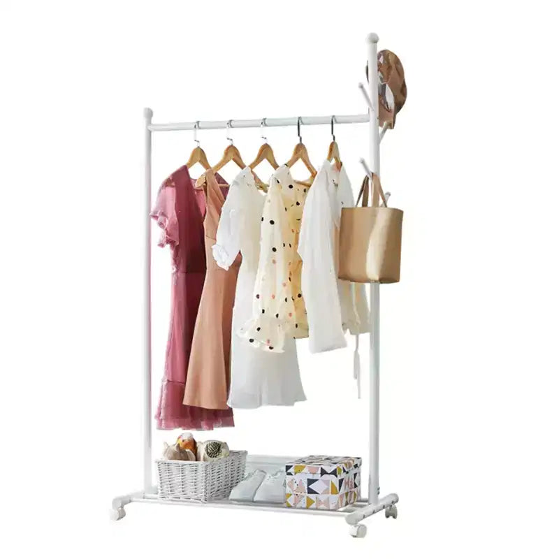 Carbon Steel Rolling Clothing Rack with Wheels, Wide Freestanding Wardrobe for Bedroom, Black or White Finish