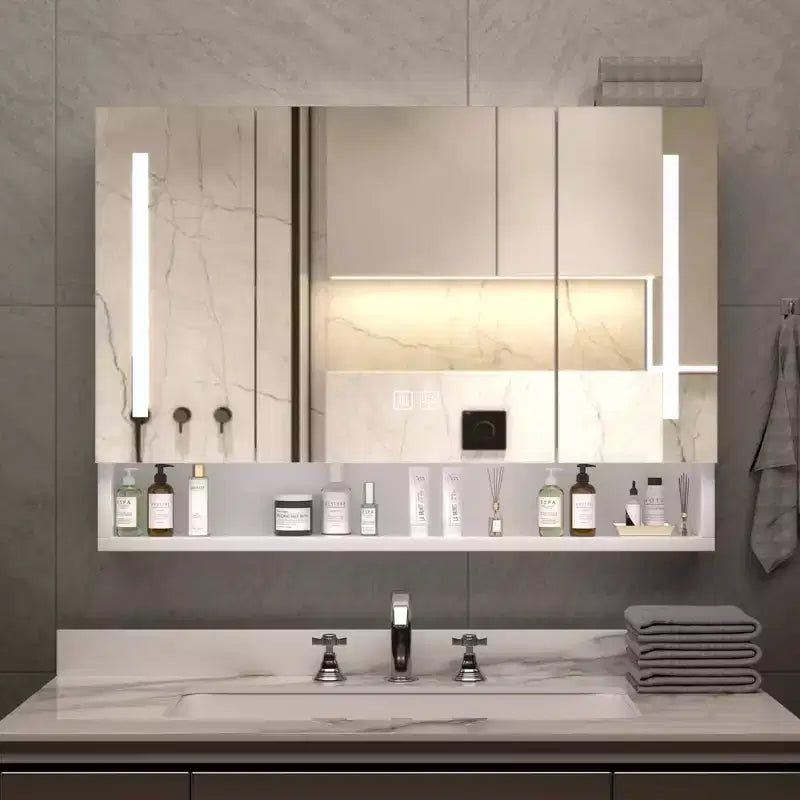 Inch Aluminum Bathroom Mirror Cabinet with LED Lights and Storage Compartments