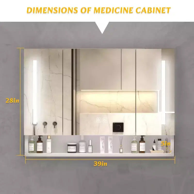 Inch Aluminum Bathroom Mirror Cabinet with LED Lights and Storage Compartments