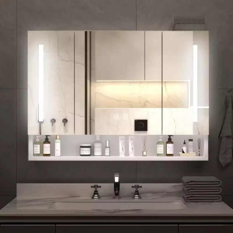 Inch Aluminum Bathroom Mirror Cabinet with LED Lights and Storage Compartments