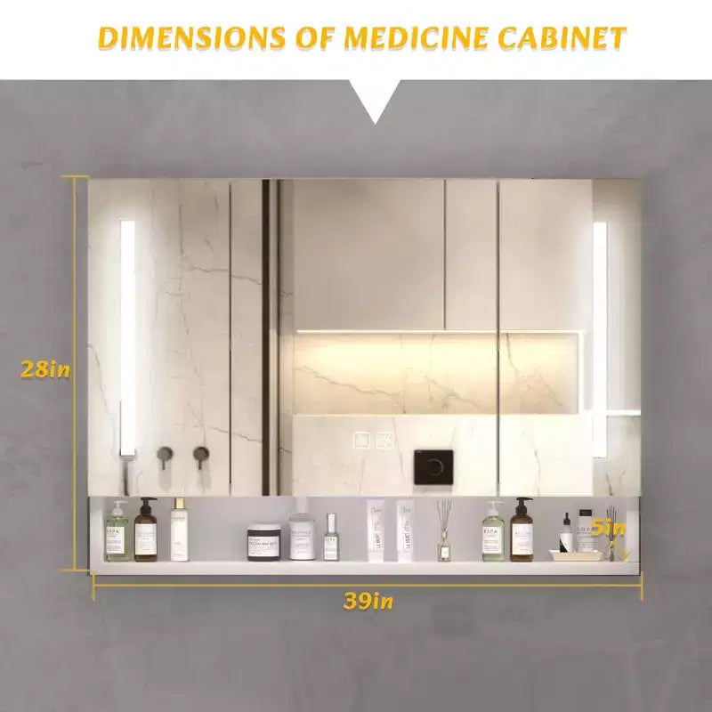 Inch Aluminum Bathroom Mirror Cabinet with LED Lights and Storage Compartments