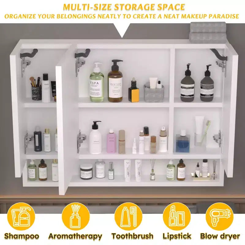 Inch Aluminum Bathroom Mirror Cabinet with LED Lights and Storage Compartments
