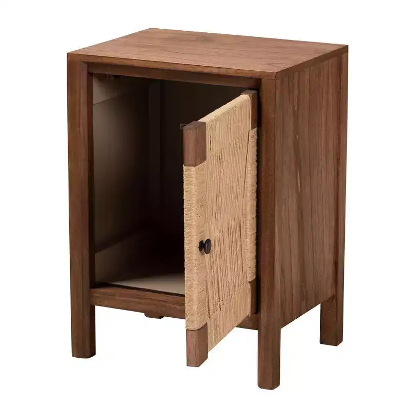 Bohemian Wooden Nightstand with Shelf and Rope Webbing Door