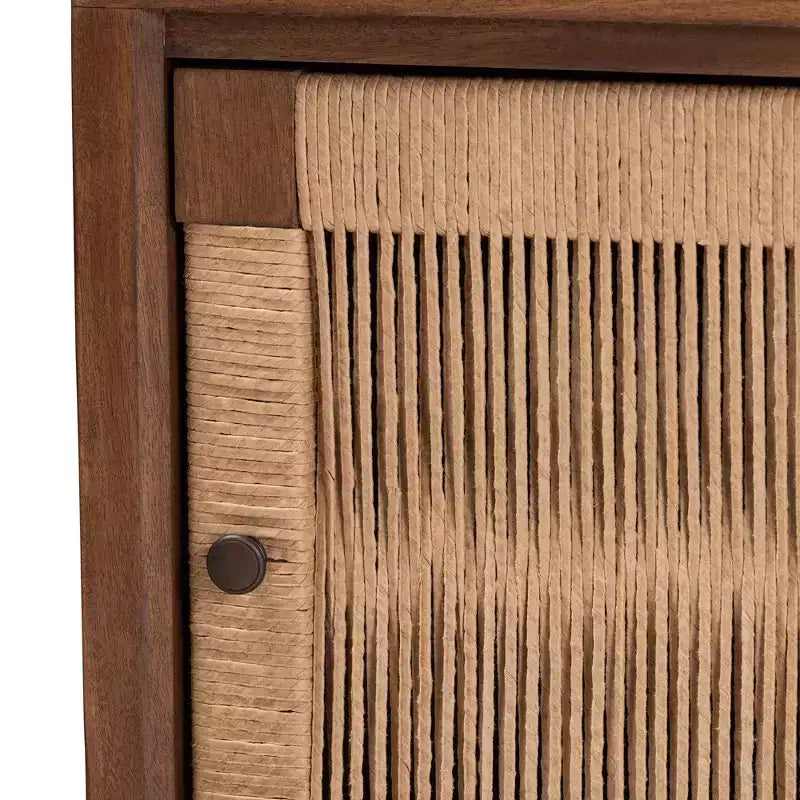 Bohemian Wooden Nightstand with Shelf and Rope Webbing Door