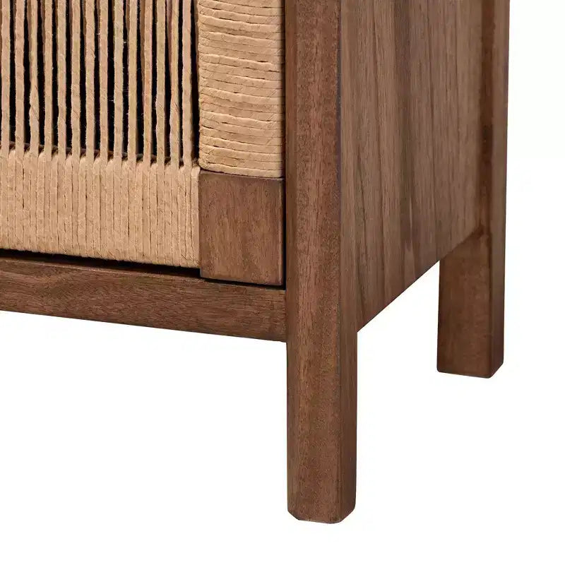 Bohemian Wooden Nightstand with Shelf and Rope Webbing Door