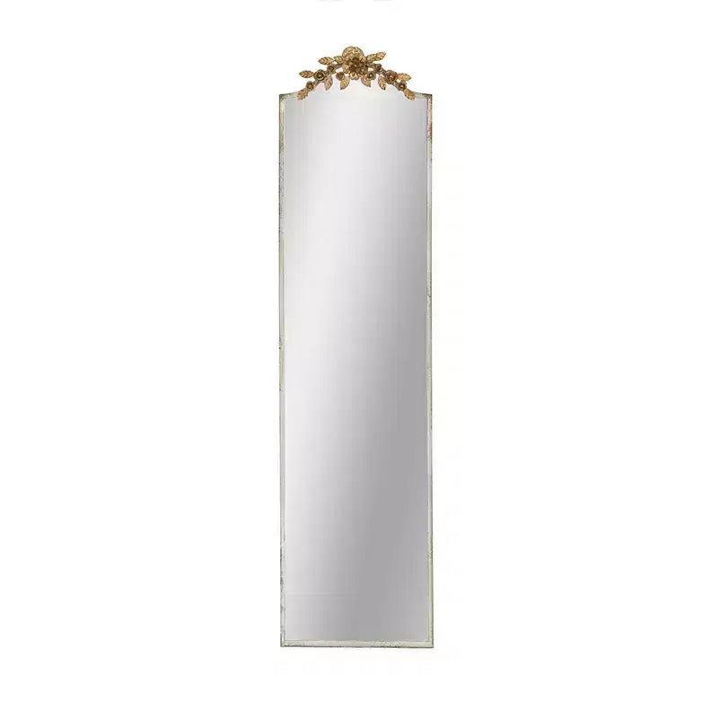 18.1 x 70.9 Inch Rectangular Full Length Wall Mirror with Distressed Ivory Frame and Gold Floral Crown