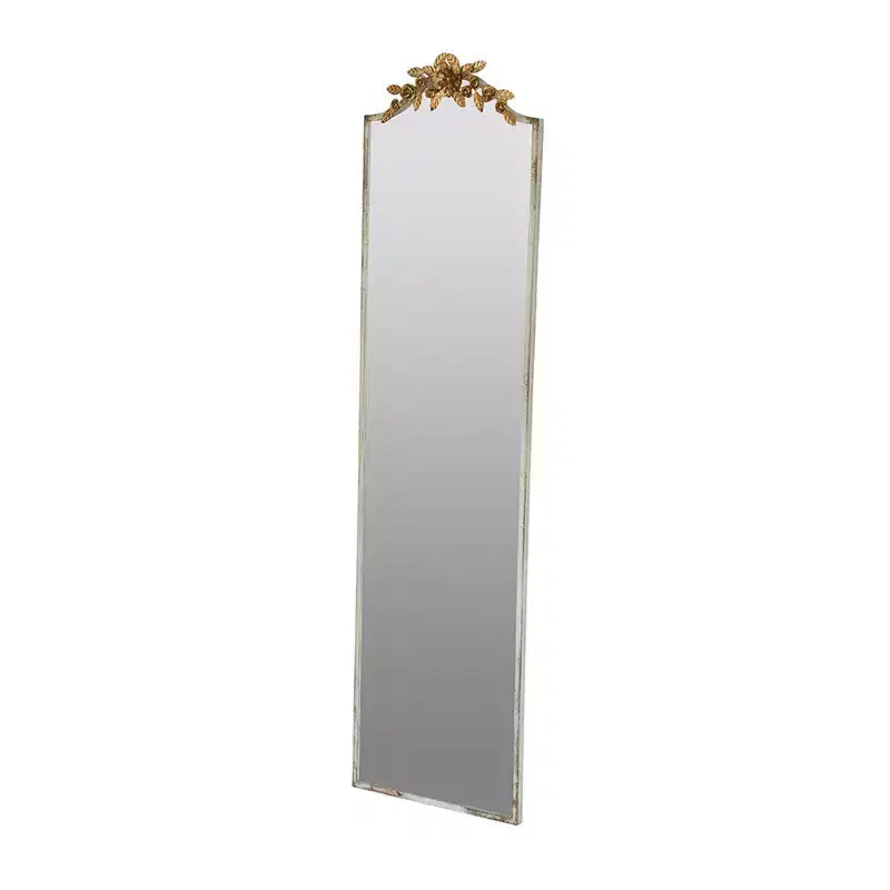 18.1 x 70.9 Inch Rectangular Full Length Wall Mirror with Distressed Ivory Frame and Gold Floral Crown