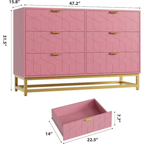 6 Drawer Double Dresser with Gold Handles, Pink Dresser for Bedroom, Long Storage Organizer for TV Stand & Closet for Living Room, Hallway, Entryway