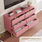 6 Drawer Double Dresser with Gold Handles, Pink Dresser for Bedroom, Long Storage Organizer for TV Stand & Closet for Living Room, Hallway, Entryway
