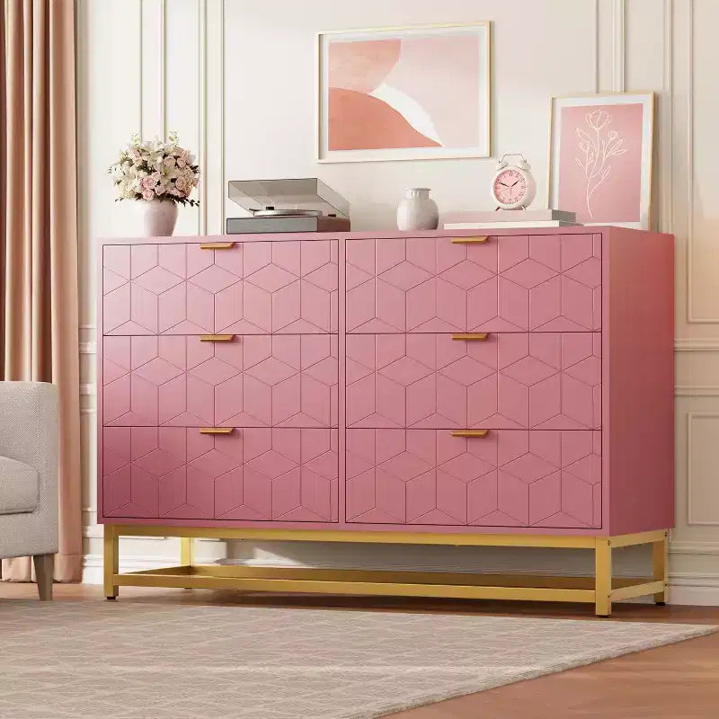 6 Drawer Double Dresser with Gold Handles, Pink Dresser for Bedroom, Long Storage Organizer for TV Stand & Closet for Living Room, Hallway, Entryway