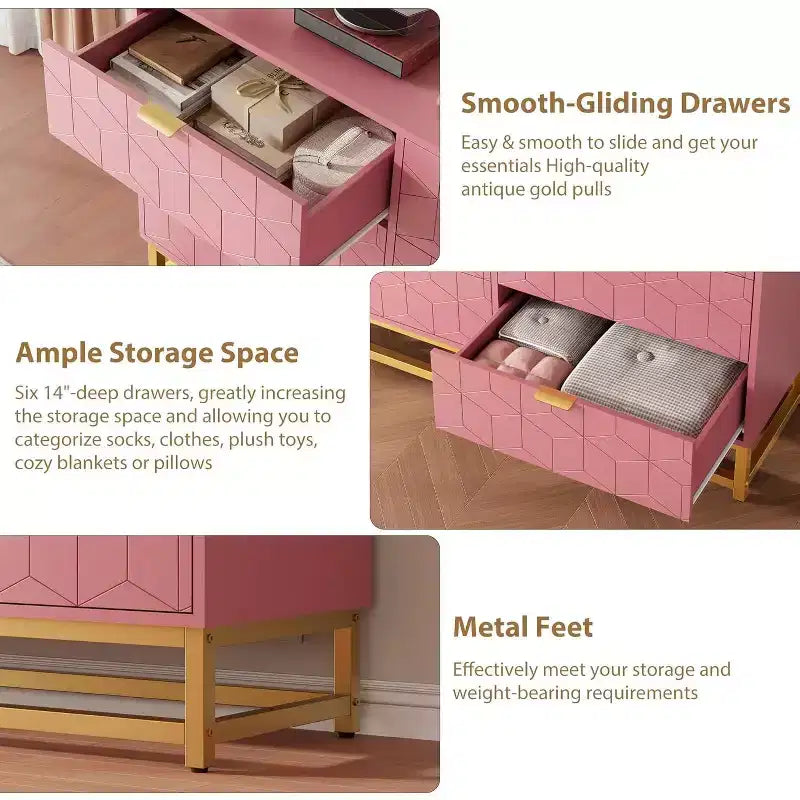 6 Drawer Double Dresser with Gold Handles, Pink Dresser for Bedroom, Long Storage Organizer for TV Stand & Closet for Living Room, Hallway, Entryway