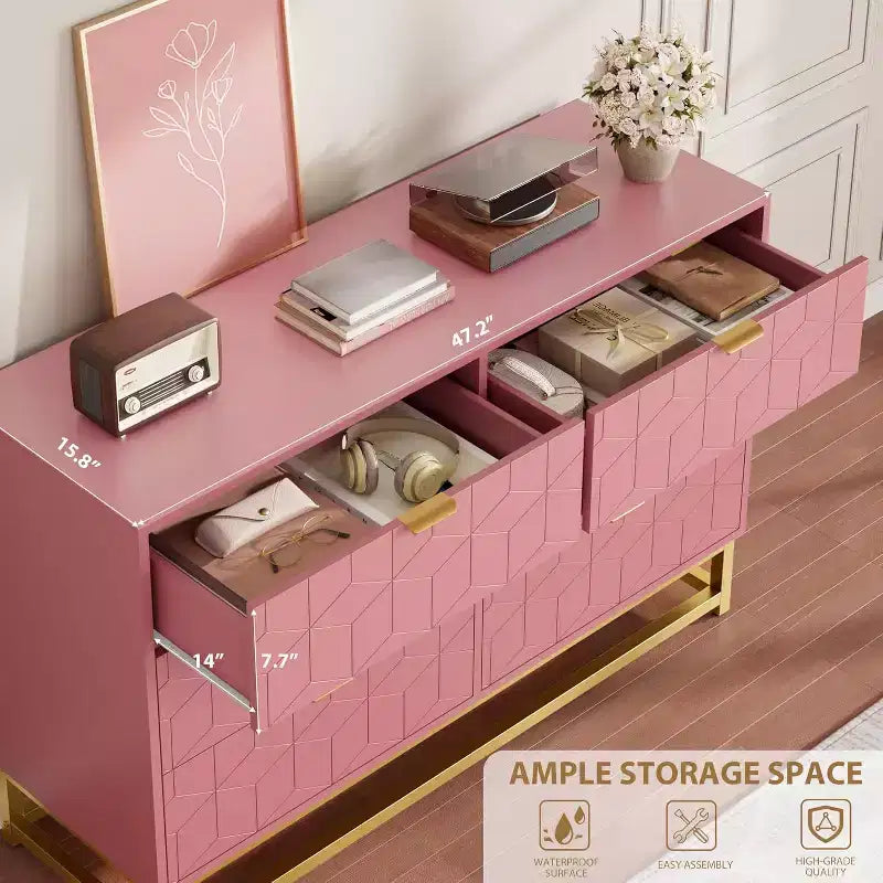 6 Drawer Double Dresser with Gold Handles, Pink Dresser for Bedroom, Long Storage Organizer for TV Stand & Closet for Living Room, Hallway, Entryway