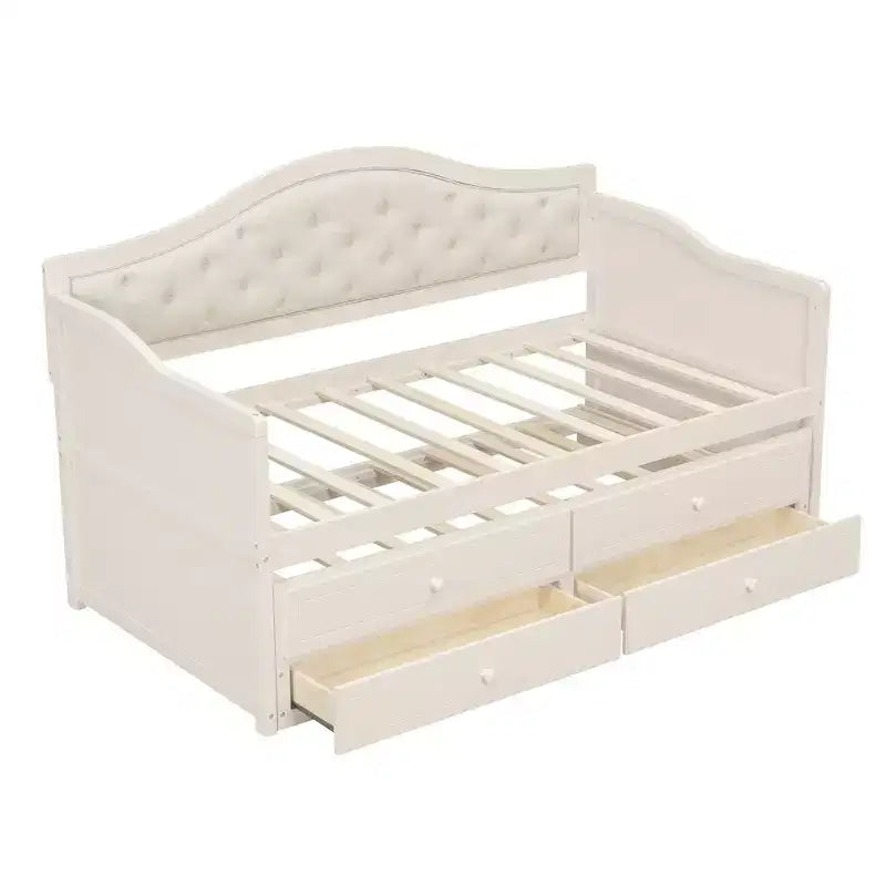 Twin Size Daybed Frame, Wooden Sofa Bed with Trundle, Button Tufted Backrest, 2 Storage Drawers