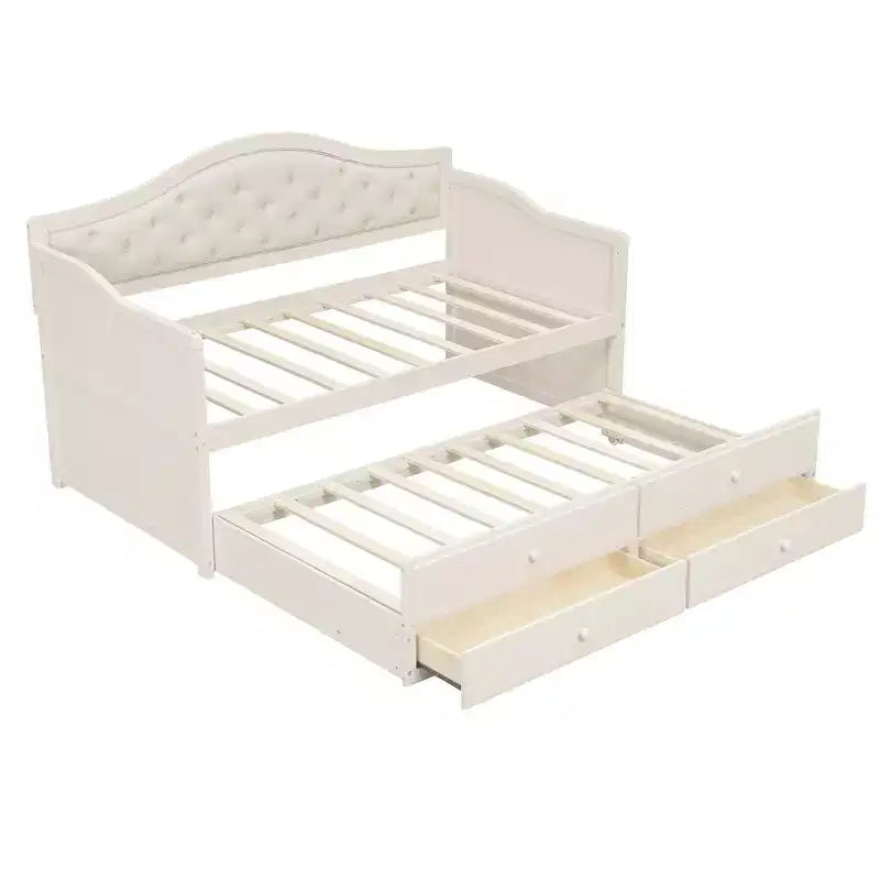 Twin Size Daybed Frame, Wooden Sofa Bed with Trundle, Button Tufted Backrest, 2 Storage Drawers