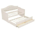 Twin Size Daybed Frame, Wooden Sofa Bed with Trundle, Button Tufted Backrest, 2 Storage Drawers