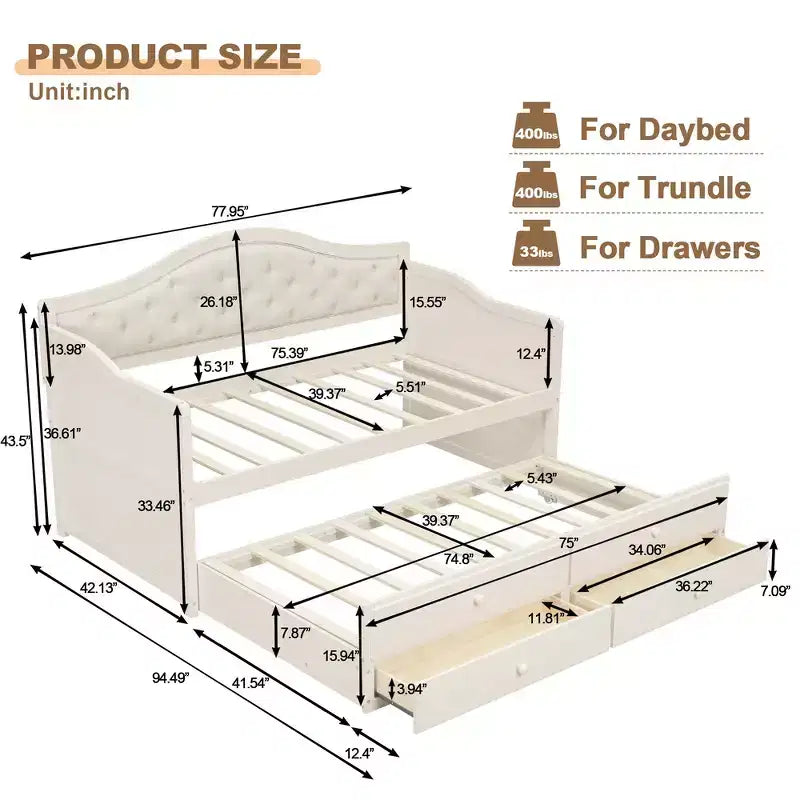 Twin Size Daybed Frame, Wooden Sofa Bed with Trundle, Button Tufted Backrest, 2 Storage Drawers