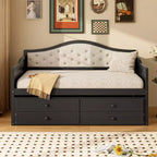 Twin Size Daybed Frame, Wooden Sofa Bed with Trundle, Button Tufted Backrest, 2 Storage Drawers