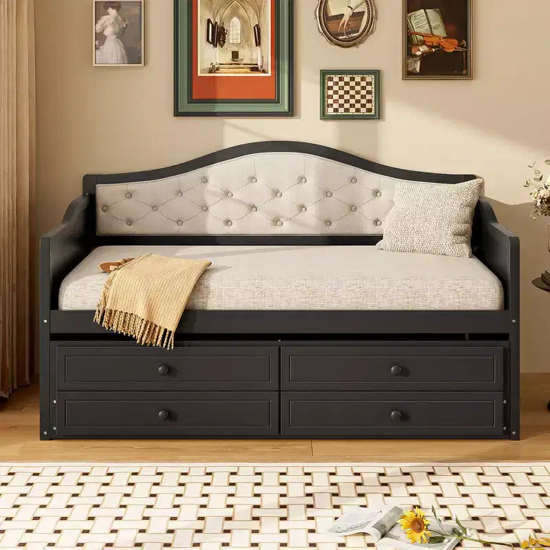 Twin Size Daybed Frame, Wooden Sofa Bed with Trundle, Button Tufted Backrest, 2 Storage Drawers