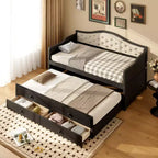 Twin Size Daybed Frame, Wooden Sofa Bed with Trundle, Button Tufted Backrest, 2 Storage Drawers