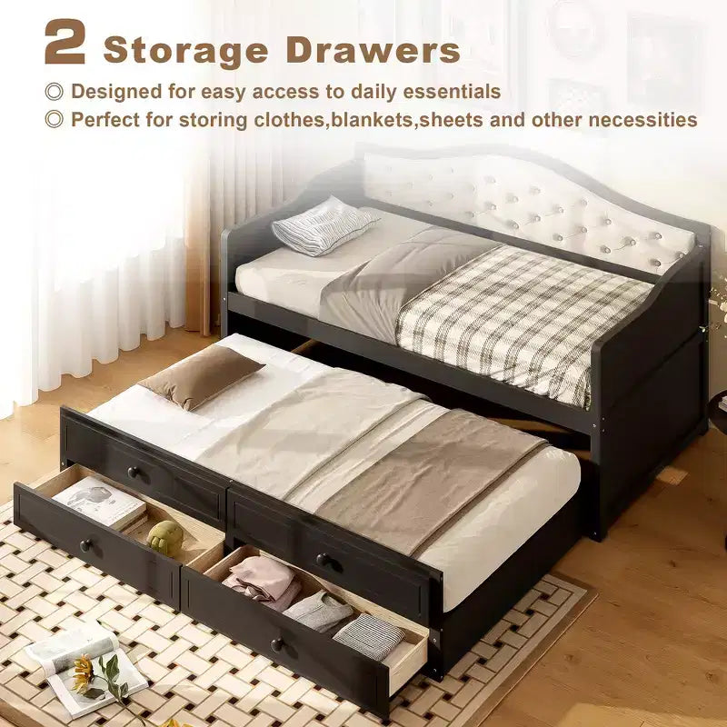 Twin Size Daybed Frame, Wooden Sofa Bed with Trundle, Button Tufted Backrest, 2 Storage Drawers