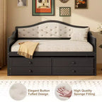 Twin Size Daybed Frame, Wooden Sofa Bed with Trundle, Button Tufted Backrest, 2 Storage Drawers
