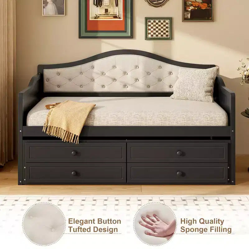 Twin Size Daybed Frame, Wooden Sofa Bed with Trundle, Button Tufted Backrest, 2 Storage Drawers