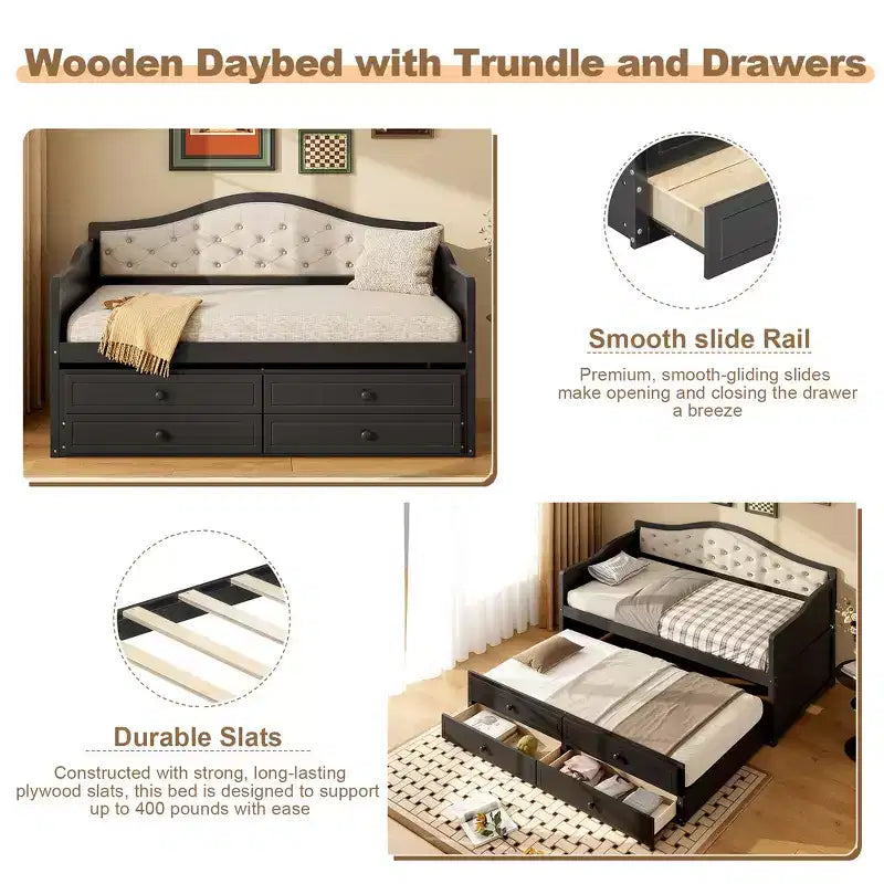 Twin Size Daybed Frame, Wooden Sofa Bed with Trundle, Button Tufted Backrest, 2 Storage Drawers