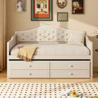 Twin Size Daybed Frame, Wooden Sofa Bed with Trundle, Button Tufted Backrest, 2 Storage Drawers