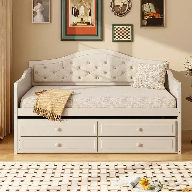 Twin Size Daybed Frame, Wooden Sofa Bed with Trundle, Button Tufted Backrest, 2 Storage Drawers