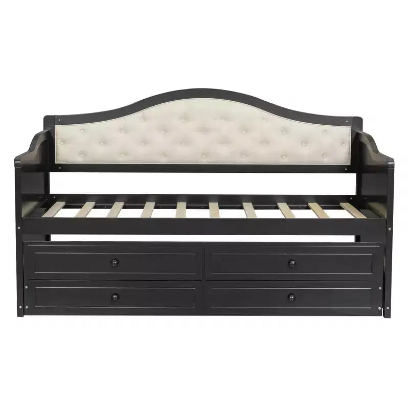 Twin Size Daybed Frame, Wooden Sofa Bed with Trundle, Button Tufted Backrest, 2 Storage Drawers