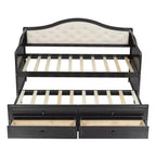 Twin Size Daybed Frame, Wooden Sofa Bed with Trundle, Button Tufted Backrest, 2 Storage Drawers