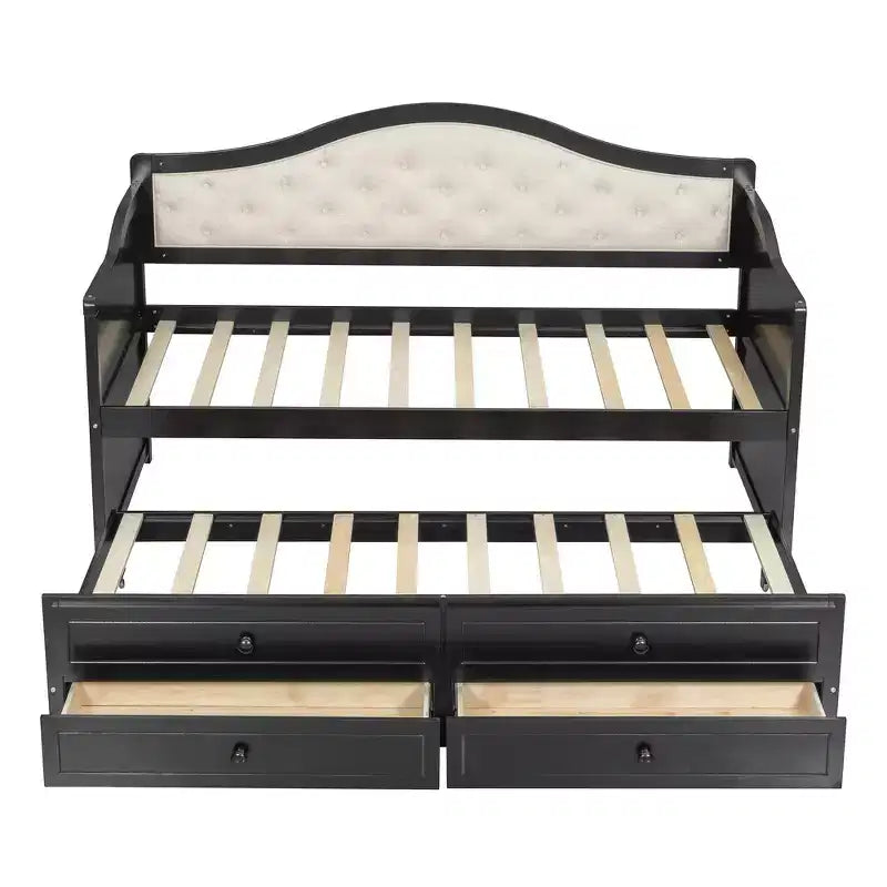 Twin Size Daybed Frame, Wooden Sofa Bed with Trundle, Button Tufted Backrest, 2 Storage Drawers