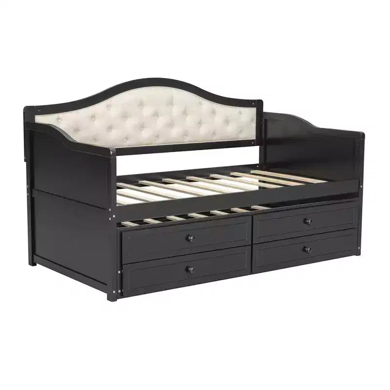 Twin Size Daybed Frame, Wooden Sofa Bed with Trundle, Button Tufted Backrest, 2 Storage Drawers