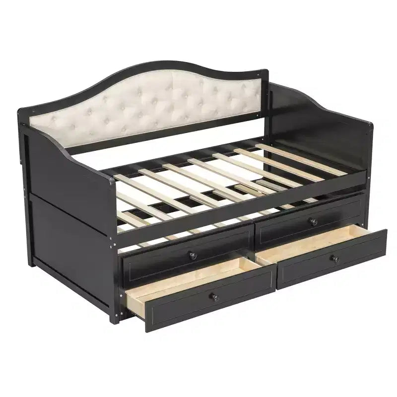 Twin Size Daybed Frame, Wooden Sofa Bed with Trundle, Button Tufted Backrest, 2 Storage Drawers