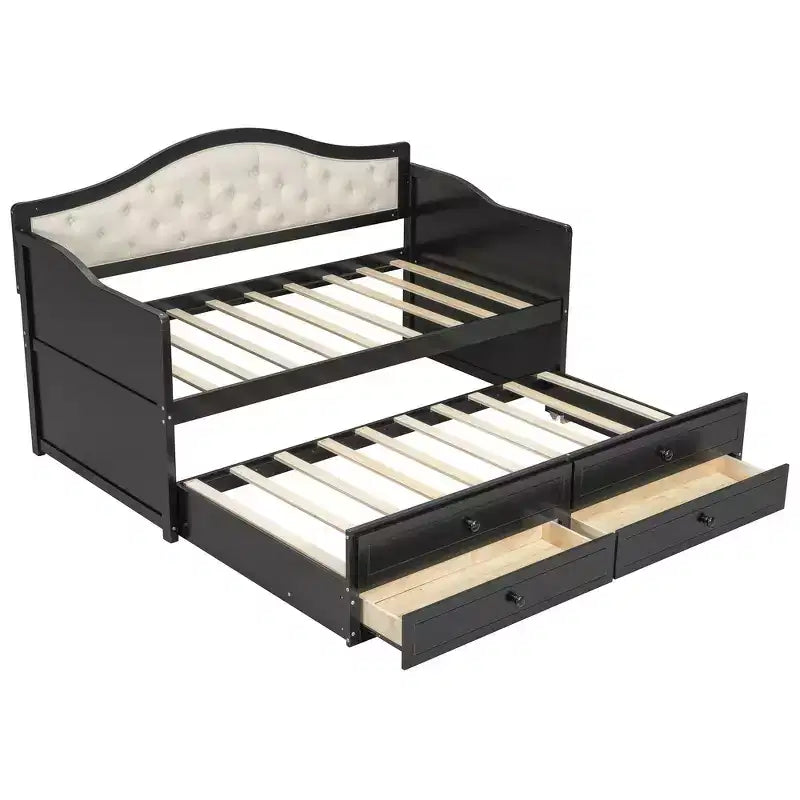 Twin Size Daybed Frame, Wooden Sofa Bed with Trundle, Button Tufted Backrest, 2 Storage Drawers