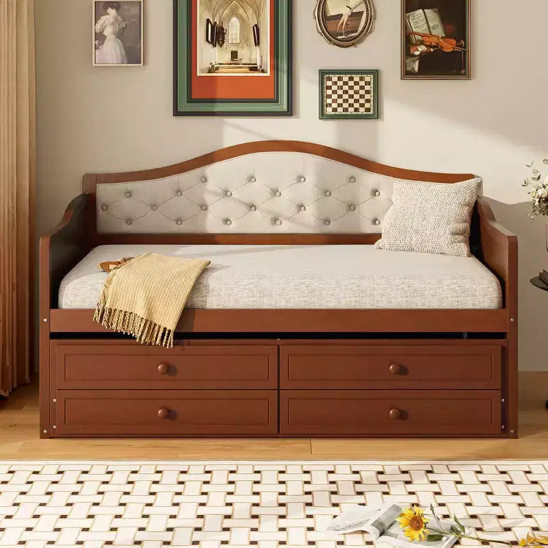 Twin Size Daybed Frame, Wooden Sofa Bed with Trundle, Button Tufted Backrest, 2 Storage Drawers