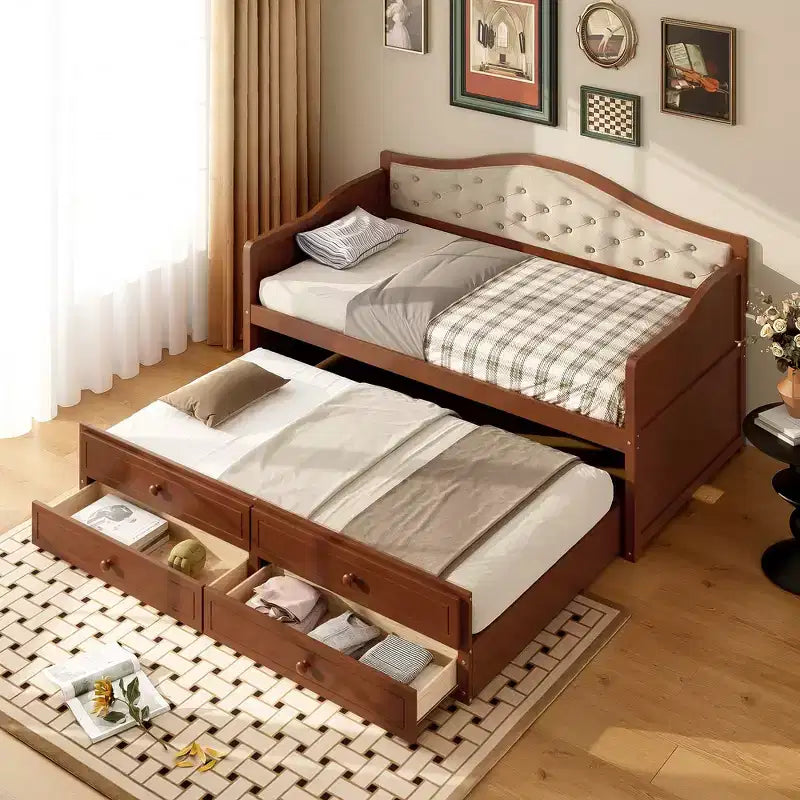 Twin Size Daybed Frame, Wooden Sofa Bed with Trundle, Button Tufted Backrest, 2 Storage Drawers