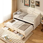 Twin Size Daybed Frame, Wooden Sofa Bed with Trundle, Button Tufted Backrest, 2 Storage Drawers