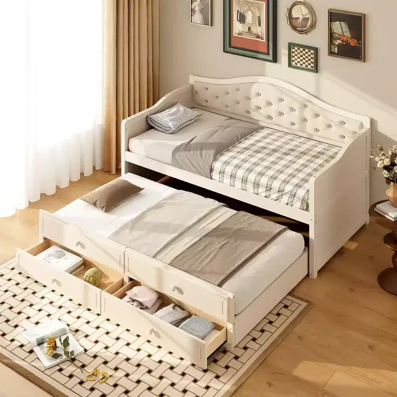 Twin Size Daybed Frame, Wooden Sofa Bed with Trundle, Button Tufted Backrest, 2 Storage Drawers