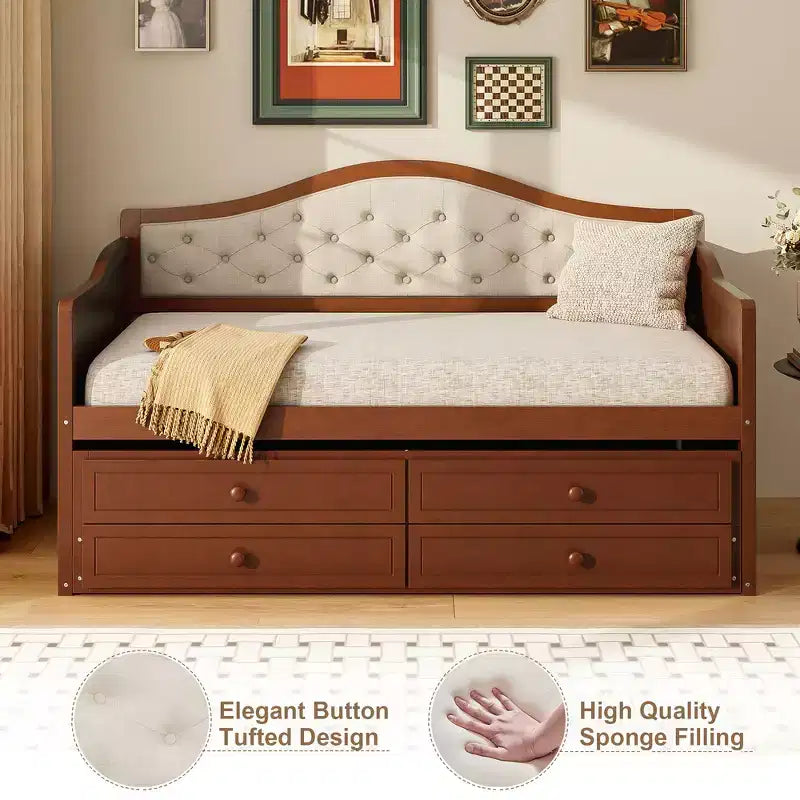 Twin Size Daybed Frame, Wooden Sofa Bed with Trundle, Button Tufted Backrest, 2 Storage Drawers