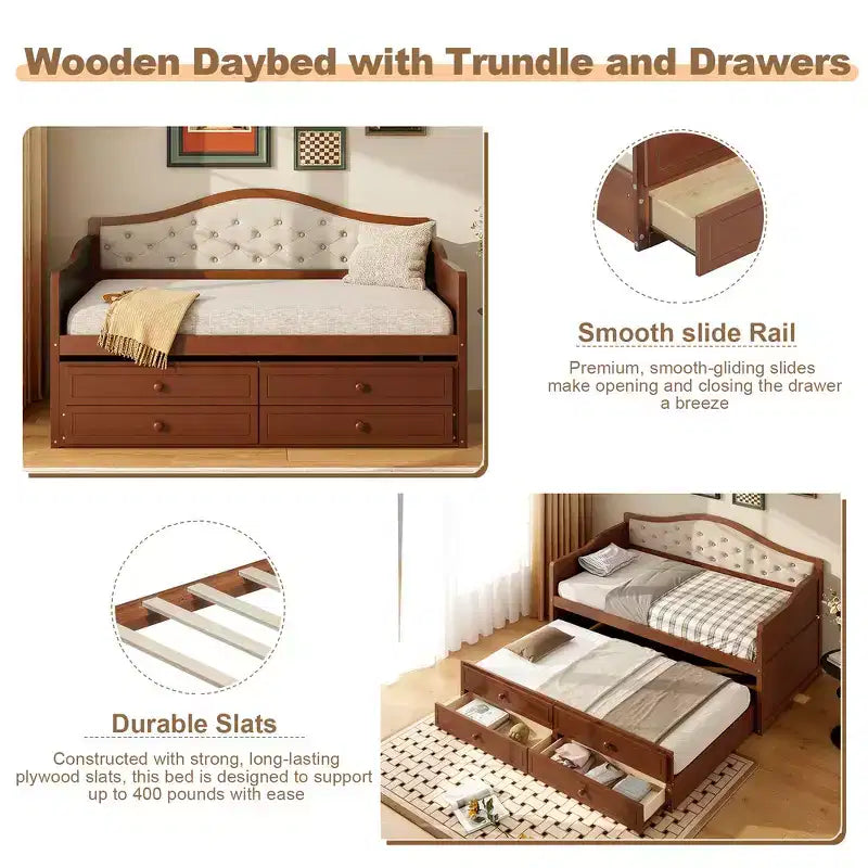 Twin Size Daybed Frame, Wooden Sofa Bed with Trundle, Button Tufted Backrest, 2 Storage Drawers