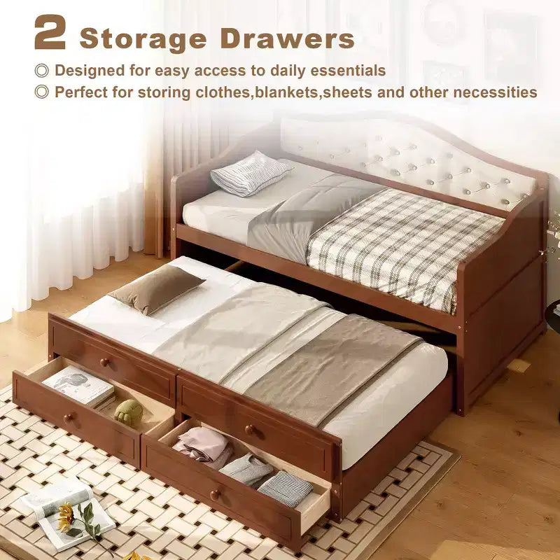 Twin Size Daybed Frame, Wooden Sofa Bed with Trundle, Button Tufted Backrest, 2 Storage Drawers