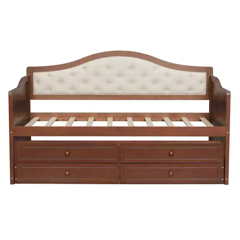 Twin Size Daybed Frame, Wooden Sofa Bed with Trundle, Button Tufted Backrest, 2 Storage Drawers
