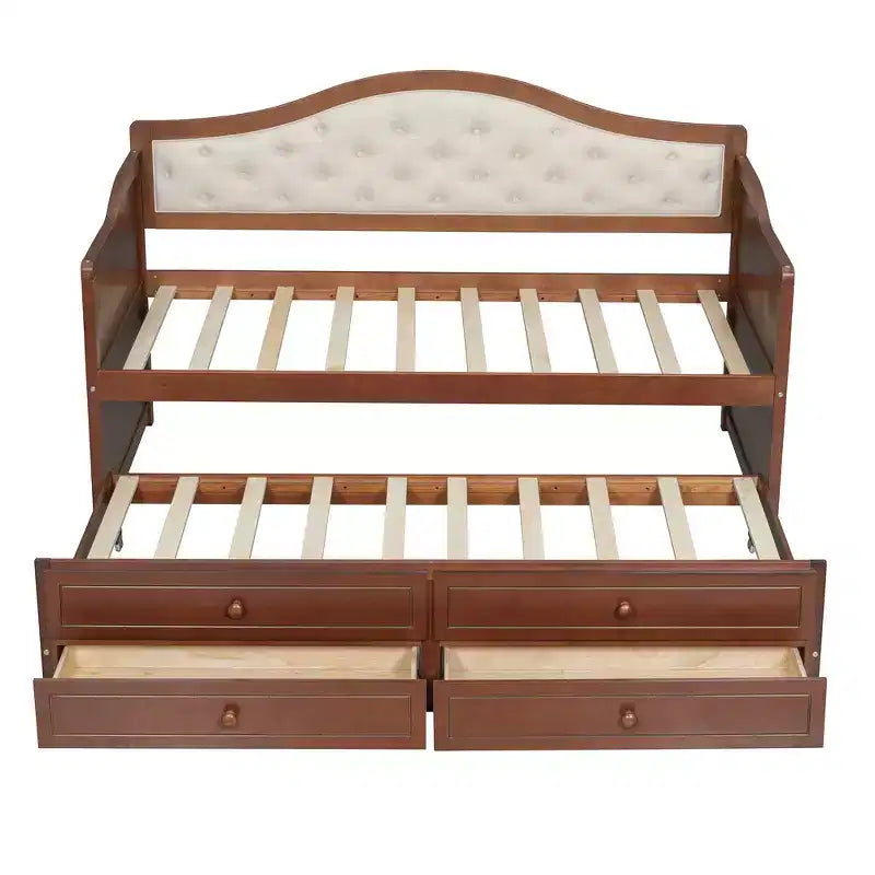 Twin Size Daybed Frame, Wooden Sofa Bed with Trundle, Button Tufted Backrest, 2 Storage Drawers